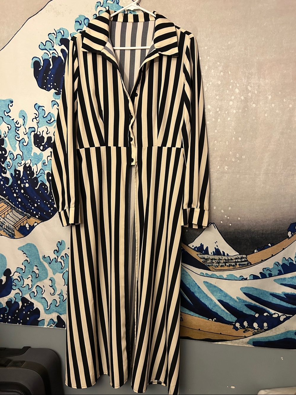 SHEIN Black and Cream Striped Maxi Shirt Dress